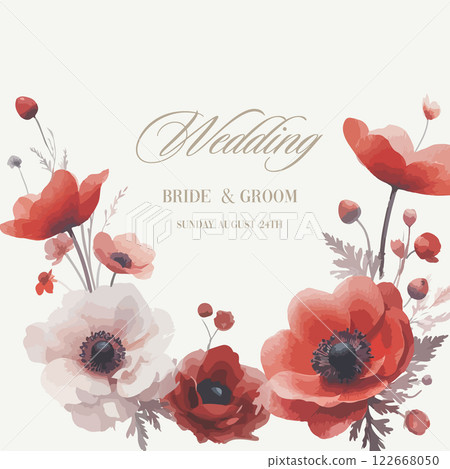 Watercolor wedding invitation with poppy flowers. 122668050