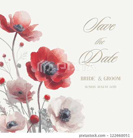 Watercolor wedding invitation with poppy flowers. 122668051