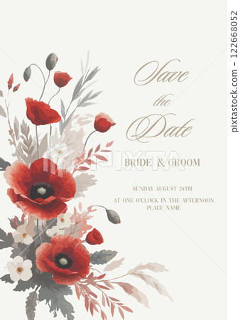Watercolor wedding invitation with poppy flowers. 122668052