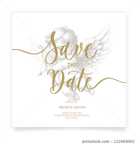 Save the date card. Wedding invitation template, with cupid or baby angel. Minimalism style with calligraphy. 122668062