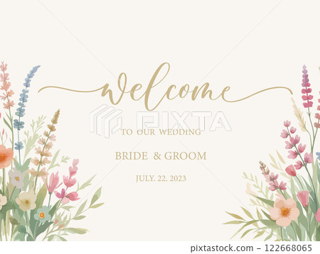 Welcome wedding sign. Calligraphy with watercolor botanical flowers and leaves. Abstract floral art background vector design for wedding invitation and vip cover template. 122668065