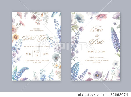Wedding invitation set with watercolor wild flowers and herbs. 122668074