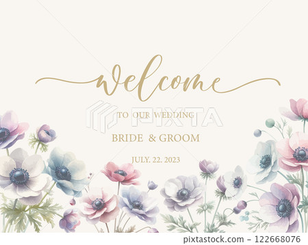 Welcome wedding sign. Calligraphy with watercolor botanical flowers and leaves. Abstract floral art background vector design for wedding invitation and vip cover template. 122668076