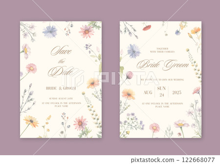 Wedding invitation set with watercolor wild flowers and herbs. 122668077