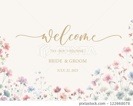 Welcome wedding sign. Calligraphy with watercolor botanical flowers and leaves. Abstract floral art background vector design for wedding invitation and vip cover template. Welcome wedding sign. Calligraphy with watercolor botanical flowers and leaves. Abstract floral art background vector design for wedding invitation and vip cover template. 122668078