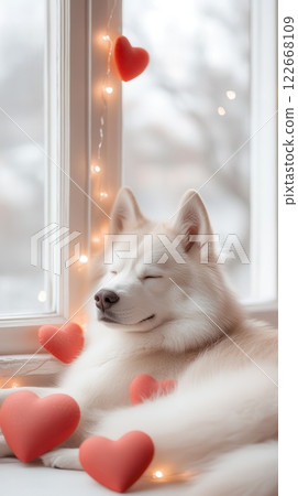 Siberian Husky Enjoying a Dreamy Valentine s Display by the Window 122668109