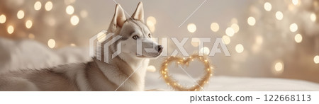 Siberian Husky Posing Beside a Heart Shaped Wreath in a Cozy Winter Wonderland 122668113