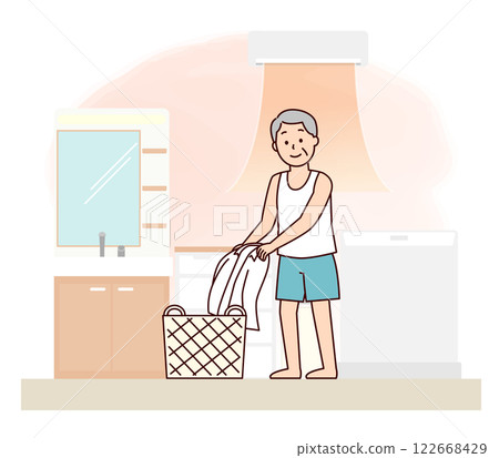 Elderly man undressing in a warm changing room 122668429
