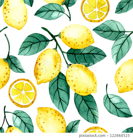 watercolor illustration, seamless pattern of lemon fruits and leaves. cute cartoon print 122668525