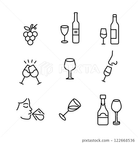 Wine Vector Line Icons Set. Winery, Wine Production, Degustation, Bunch of Grapes, Glass of Wine. Editable Stroke. 122668536