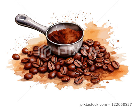 咖啡豆和湯匙裡的咖啡的水彩插圖 - AI 生成 122668537