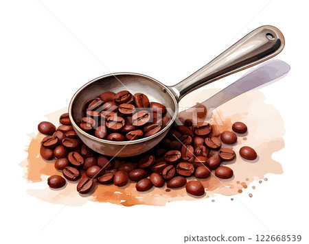 咖啡豆和湯匙裡的咖啡的水彩插圖 - AI 生成 122668539