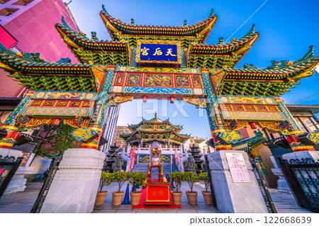 Yokohama cityscape in Japan, Chinese New Year, mikoshi (portable shrine) pass through. View of Yokohama Chinatown and Yokohama Mazu Temple. Towards a new era = February 6, 2025 122668639