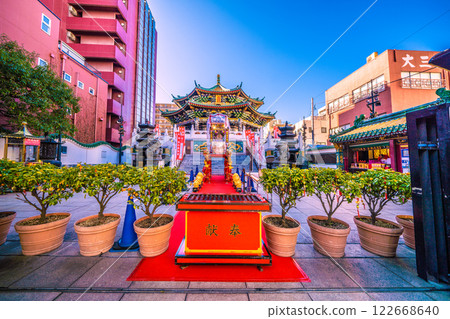 Yokohama cityscape in Japan, Chinese New Year, mikoshi (portable shrine) pass through. View of Yokohama Chinatown and Yokohama Mazu Temple. Towards a new era = February 6, 2025 122668640