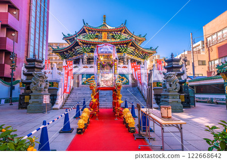Yokohama cityscape in Japan, Chinese New Year, mikoshi (portable shrine) pass through. View of Yokohama Chinatown and Yokohama Mazu Temple. Towards a new era = February 6, 2025 Yokohama cityscape in Japan, Chinese New Year, mikoshi (portable shrine) pass through. View of Yokohama Chinatown and Yokohama Mazu Temple. Towards a new era = February 6, 2025 122668642
