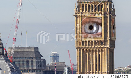 big ben in london, england with the clock face replaced with eye big ben in london, england with the clock face replaced with eye 122668775