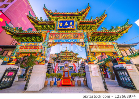 Yokohama cityscape in Japan, Chinese New Year, mikoshi (portable shrine) pass through. View of Yokohama Chinatown and Yokohama Mazu Temple. Towards a new era = February 6, 2025 122668974