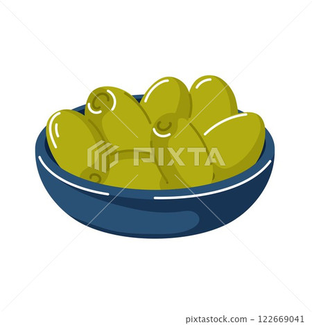 Green olives in a blue bowl in cartoon style. Vector illustration isolated on white background. Green olives in a blue bowl in cartoon style. Vector illustration isolated on white background. 122669041