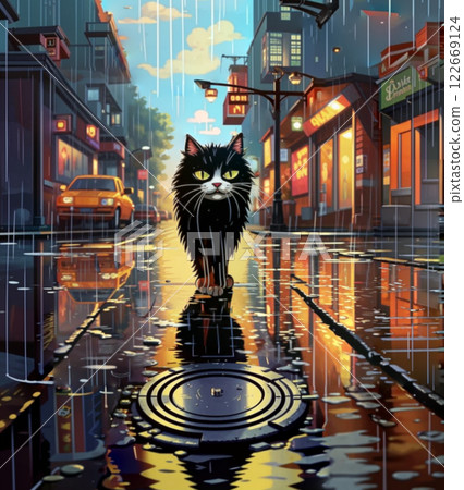 Street cat in the rain. 122669124