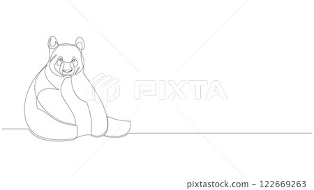 Continuous one line drawing of a giant panda sitting. Horizontal banner vector illustration. 122669263