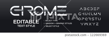 Chrome alphabet with graphic style template, metallic shiny letters with editable text effect. Customizable steel gradient style, typographic design. Vector typeset 122669369