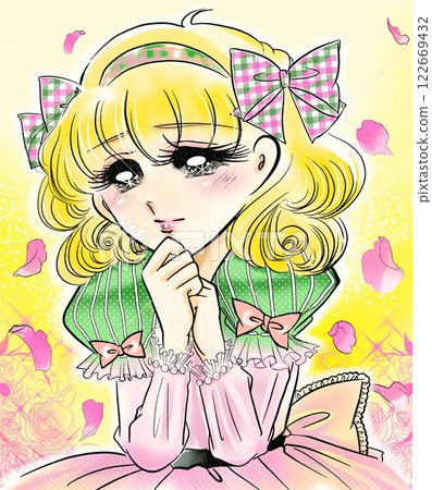 一幅來自昭和 70 年代復古漫畫的美麗女孩肖像畫 122669432