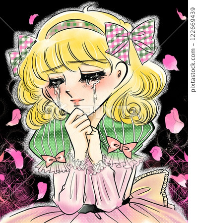 A portrait illustration of a crying princess-like protagonist from a 1970s shojo manga 122669439
