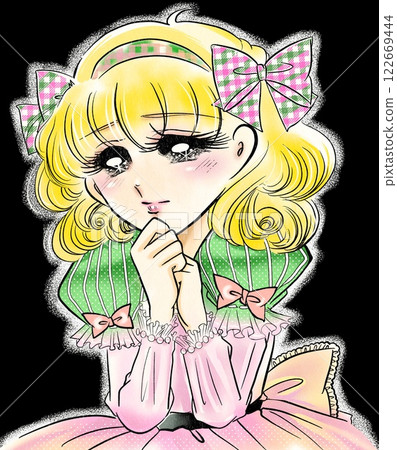 一幅來自昭和 70 年代復古漫畫的美麗女孩肖像畫 122669444