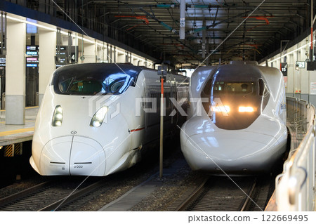 800 系列和 700 系列 Railstar 列車排列在博多站新幹線月台上 122669495