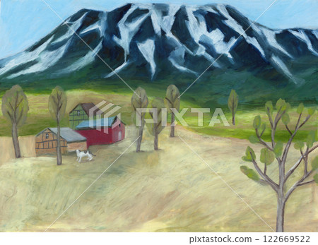An illustration of a small village on a grassland and snow-covered mountains drawn with oil pastels An illustration of a small village on a grassland and snow-covered mountains drawn with oil pastels 122669522