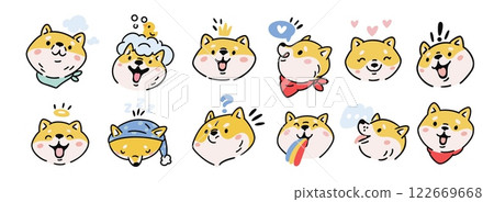 Funny Shiba Inu. Dog emoji. Cute puppy emoticons. Happy pet faces. Animal character. Different expressions and mood. Doggy head with rainbow. Sleeping and bathing. Garish vector set 122669668