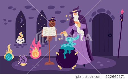 Magician makes magic potion. Cartoon wizard character. Mystery castle interior. Old witch man with beard in mantle. Magical elixir cauldron. Spell book. Garish vector witchcraft concept 122669671