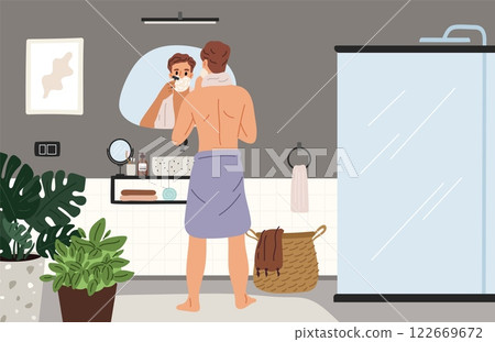 Man standing in bathroom and shaves. Guy looks in mirror. Male character cares for skin of face. Daily hygiene. Home restroom. Everyday routine. Removing bristle. Garish vector concept Man standing in bathroom and shaves. Guy looks in mirror. Male character cares for skin of face. Daily hygiene. Home restroom. Everyday routine. Removing bristle. Garish vector concept 122669672