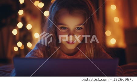 Happy young child girl watching a tablet or laptop in dark room at home, glowing lights Happy young child girl watching a tablet or laptop in dark room at home, glowing lights 122669673