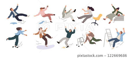 People who have lost their balance. Falling characters. Slipping ladder. Tripping men and women. Different poses. Clumsy persons stumble on stairs. Pain or injuries. Garish vector set People who have lost their balance. Falling characters. Slipping ladder. Tripping men and women. Different poses. Clumsy persons stumble on stairs. Pain or injuries. Garish vector set 122669686