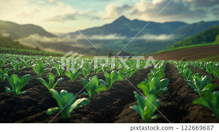 Agriculture background, rows of green young plants growing in a cultivated field in mist morning Agriculture background, rows of green young plants growing in a cultivated field in mist morning 122669687