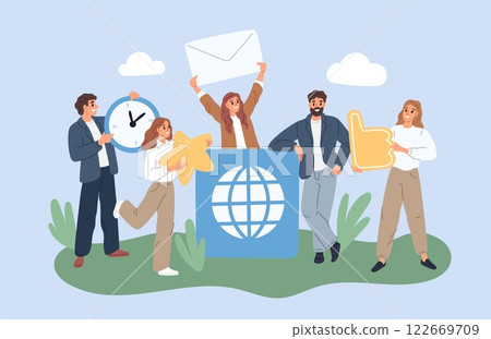 Tiny business people with social media icons. Feedback stars. Message envelope. Thumbs up. Planet earth. Internet network. Satisfaction rank. Data searching browser. Garish vector concept 122669709