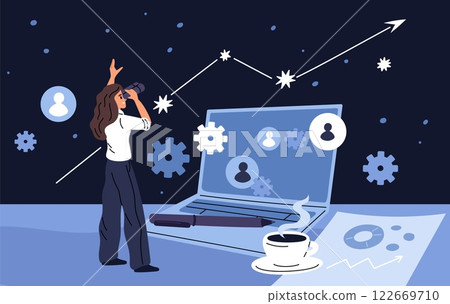 Woman looks through binoculars. Search for startups goals and development prospects. Telescope stars watching. Business growth opportunity finding. Project diagram. Garish vector concept 122669710