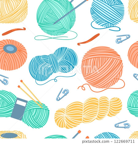 Wool balls seamless pattern. Knitting needles with color threads. Pins and hooks for crochet. Workshop repeated print with handcrafted elements. Yarn skeins. Splendid vector background 122669711