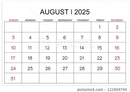Calendar August 2025 page isolated on white background. 122669749
