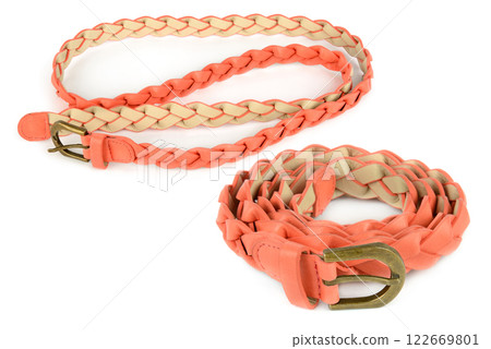 Set of elegant leather belts isolated on white. Collage. Free space for text. Set of elegant leather belts isolated on white. Collage. Free space for text. 122669801