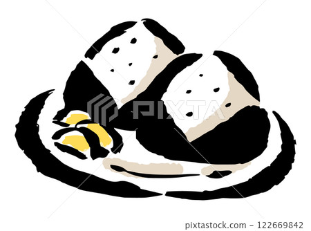 Rice balls and pickled radish on a plate - hand-drawn illustration 122669842