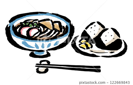 Udon and rice balls on the table - hand-drawn illustration 122669843