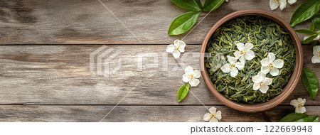 A rustic wooden bowl filled with loose-leaf green tea surrounded by delicate white jasmine flowers and green leaves, arranged on a textured wooden surface. 122669948