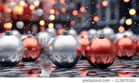Winter seasonal Merry Christmas and happy new year background wallpaper, template, banner, poster, holiday design, beautiful christmas ball sphere christmas tree ornament. 122670101