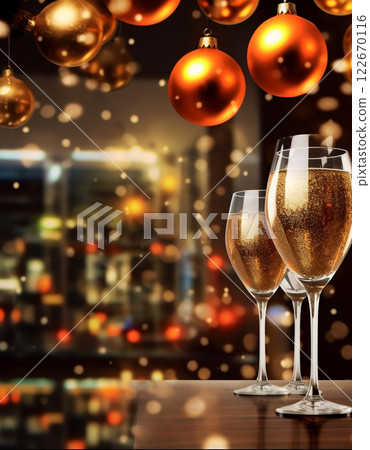 Merry christmas and happy new year greeting and invitation card concept for template, banner, poster, holiday design with beautiful wine champagne and glitter seasonal ornament winter season. 122670116