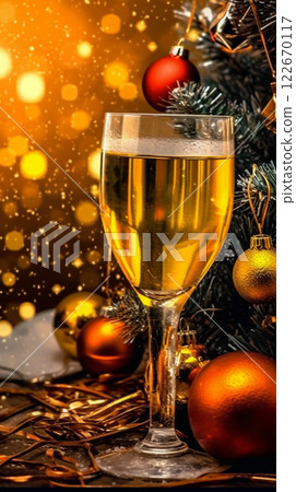 Merry christmas and happy new year greeting and invitation card concept for template, banner, poster, holiday design with beautiful wine champagne and glitter seasonal ornament winter season. 122670117