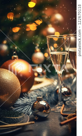 Merry christmas and happy new year greeting and invitation card concept for template, banner, poster, holiday design with beautiful wine champagne and glitter seasonal ornament winter season. Merry christmas and happy new year greeting and invitation card concept for template, banner, poster, holiday design with beautiful wine champagne and glitter seasonal ornament winter season. 122670118