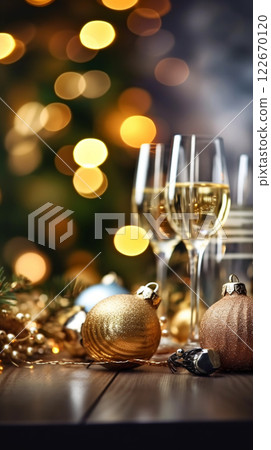 Merry christmas and happy new year greeting and invitation card concept for template, banner, poster, holiday design with beautiful wine champagne and glitter seasonal ornament winter season. 122670120