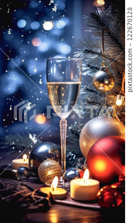 Merry christmas and happy new year greeting and invitation card concept for template, banner, poster, holiday design with beautiful wine champagne and glitter seasonal ornament winter season. Merry christmas and happy new year greeting and invitation card concept for template, banner, poster, holiday design with beautiful wine champagne and glitter seasonal ornament winter season. 122670128